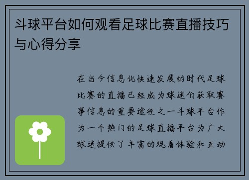 斗球平台如何观看足球比赛直播技巧与心得分享