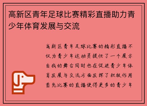 高新区青年足球比赛精彩直播助力青少年体育发展与交流
